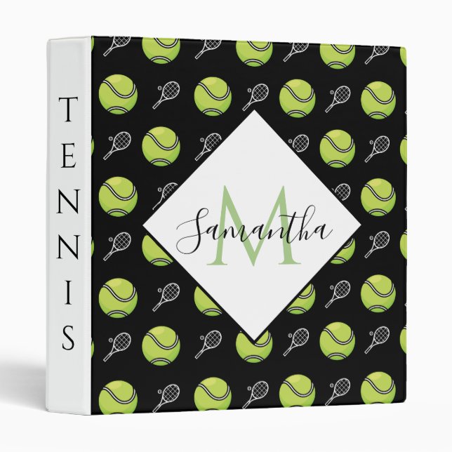 Green Tennis Balls and Rackets Pattern Black 3 Ring Binder (Front/Spine)