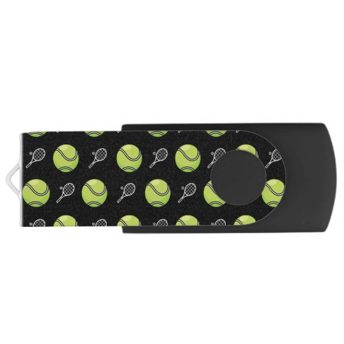 Green Tennis Balls and Rackets Pattern Black Sport Flash Drive