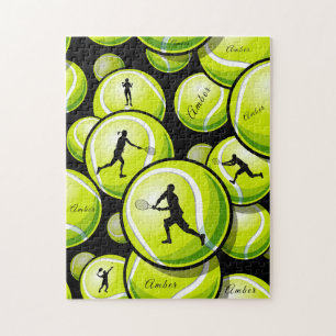 Green Tennis Balls & Players Pattern Add Kids Name Jigsaw Puzzle