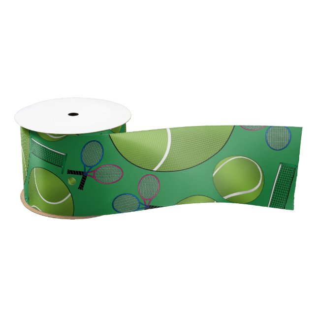 Green tennis balls rackets and nets satin ribbon (Spool)