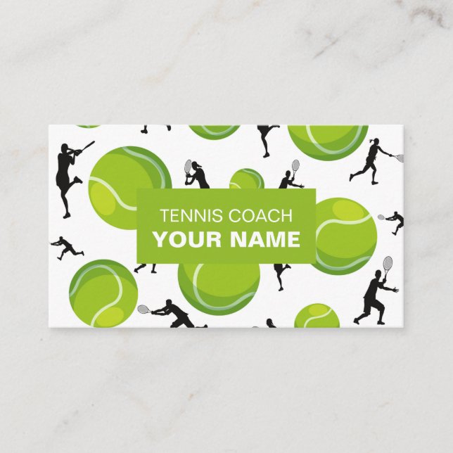 Green Tennis Coach Ball & Player Pattern Sport Business Card (Front)