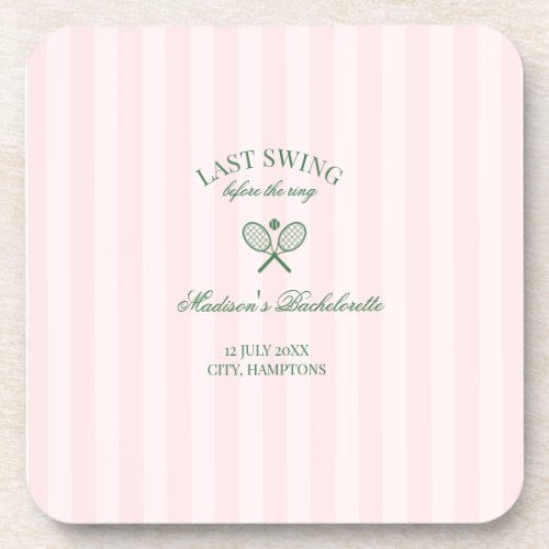 Green Tennis Rackets Pink Striped Bridal Shower  Beverage Coaster