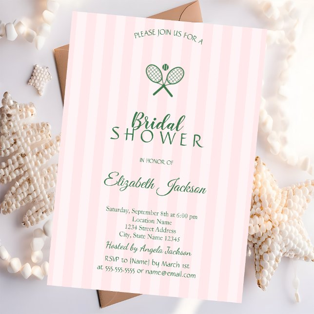 Green Tennis Rackets Pink Striped Bridal Shower  Invitation (Creator Uploaded)
