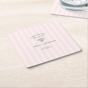 Green Tennis Rackets Pink Striped Bridal Shower Square Paper Coaster