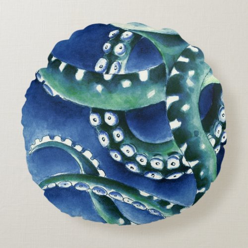 Green Tentacles deep blue sea Round Pillow