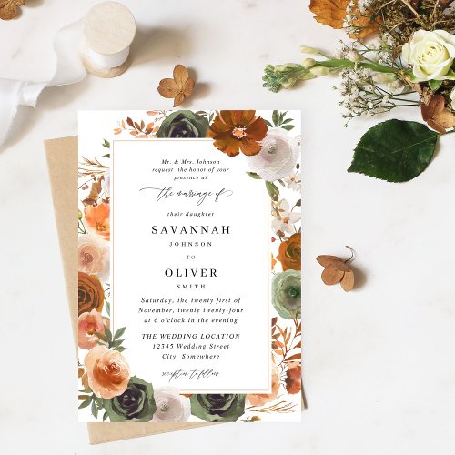 Green  Terra Cotta Floral Trad Wedding S2 _ White Invitation