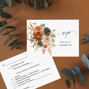 Green & Terra Cotta Floral w Meal RSVP  Card