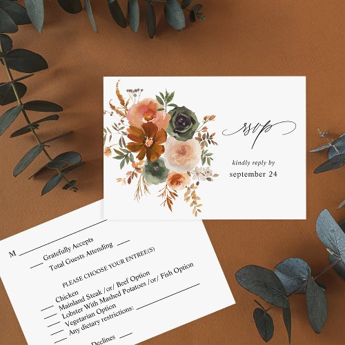 Green & Terra Cotta Floral w Meal RSVP Card