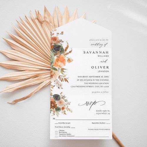 Green  Terra Cotta Floral Wedding All In One Invitation