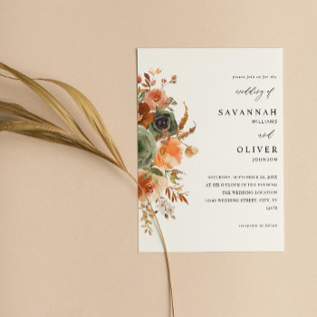 Green & Terra Cotta Floral Wedding Invitation by M_Blue_Designs at Zazzle