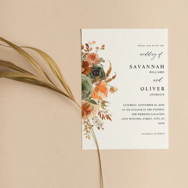 Green & Terra Cotta Floral Wedding Invitation
