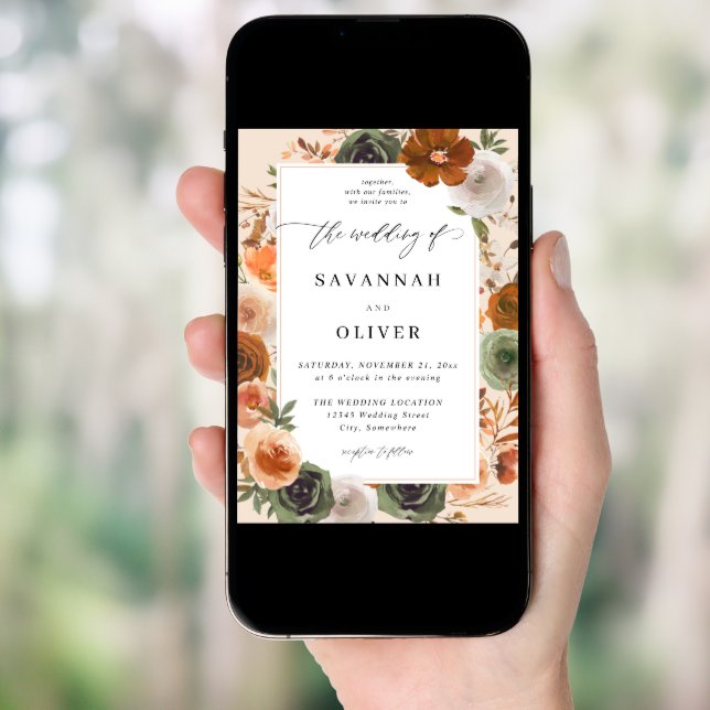 Green & Terra Cotta Floral Wedding S2 - Beige Invitation (Front Digital)