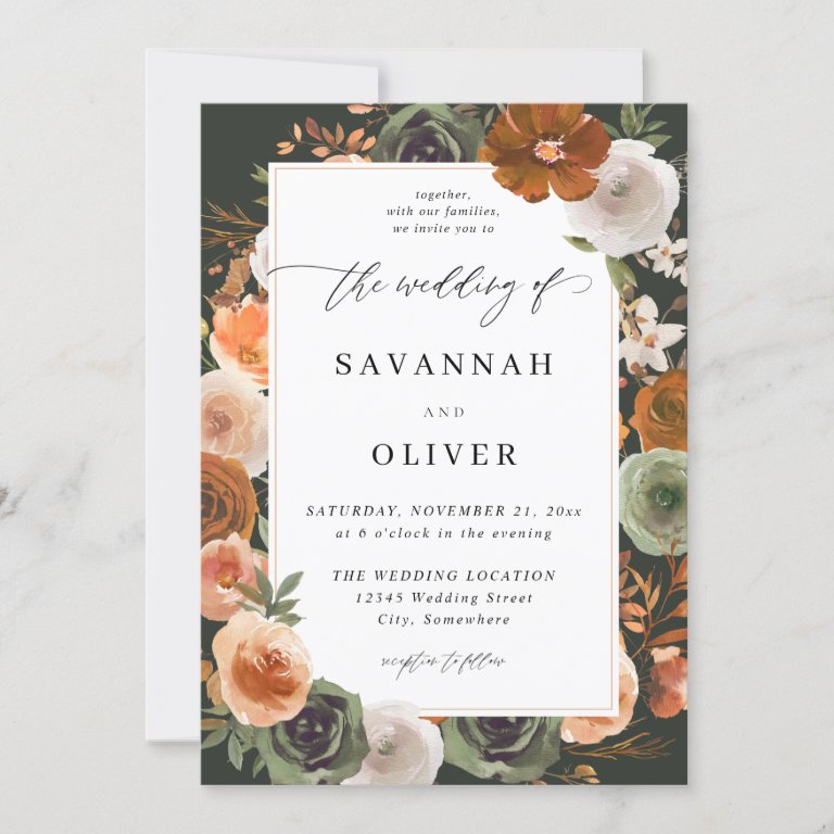 Green &amp; Terra Cotta Floral Wedding S2 - Dark Green Invitation