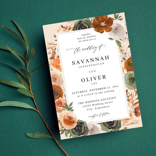 Green  Terra Cotta Floral Wedding S2 VLN _ Beige Invitation