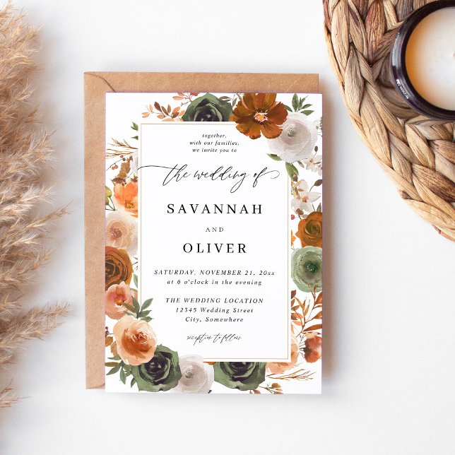 Green & Terra Cotta Floral Wedding S2 - White Invitation (Creator Uploaded)