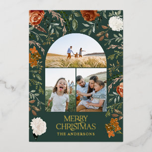 Green terracotta 3 photo botanical elegant arch fo foil holiday card
