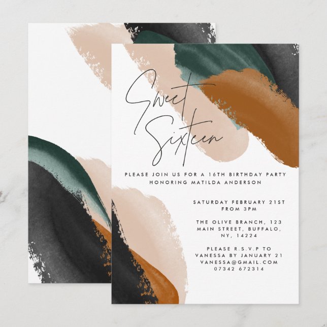 Green terracotta abstract watercolor 16th Birthday Invitation (Front/Back)