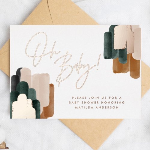 Green terracotta abstract watercolor baby shower f foil invitation