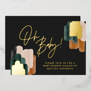 Green terracotta abstract watercolor baby shower foil invitation