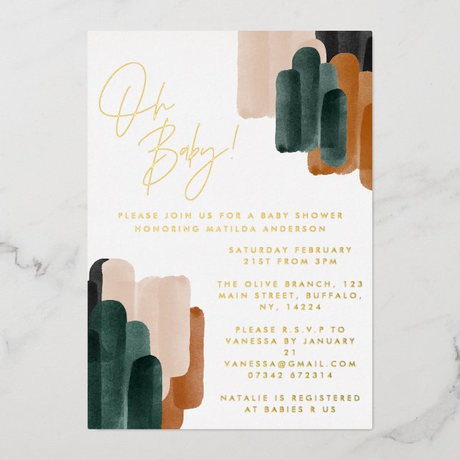 Green terracotta abstract watercolor baby shower  foil invitation (Front)
