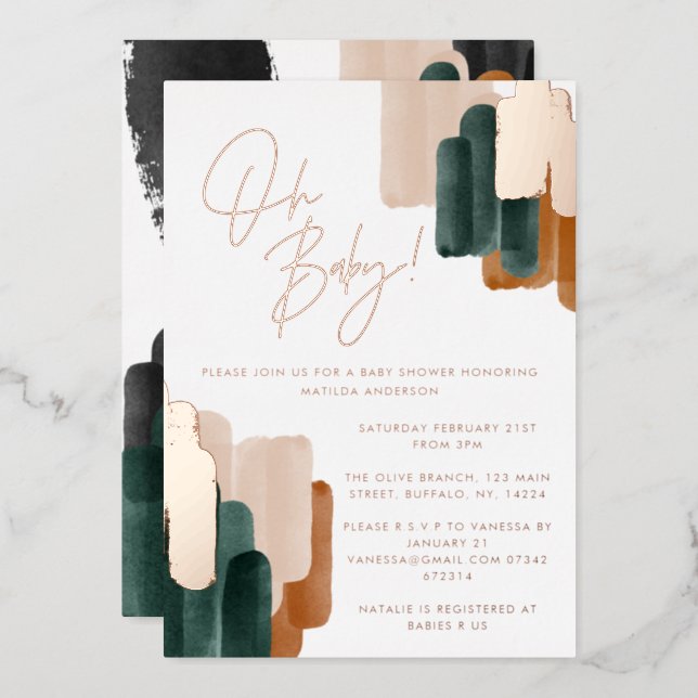 Green terracotta abstract watercolor baby shower i foil invitation (Front/Back)