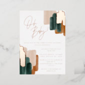 Green terracotta abstract watercolor baby shower i foil invitation (Standing Front)