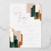 Green terracotta abstract watercolor baby shower i foil invitation (Front)