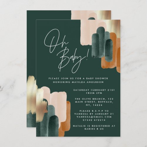 Green terracotta abstract watercolor baby shower i invitation