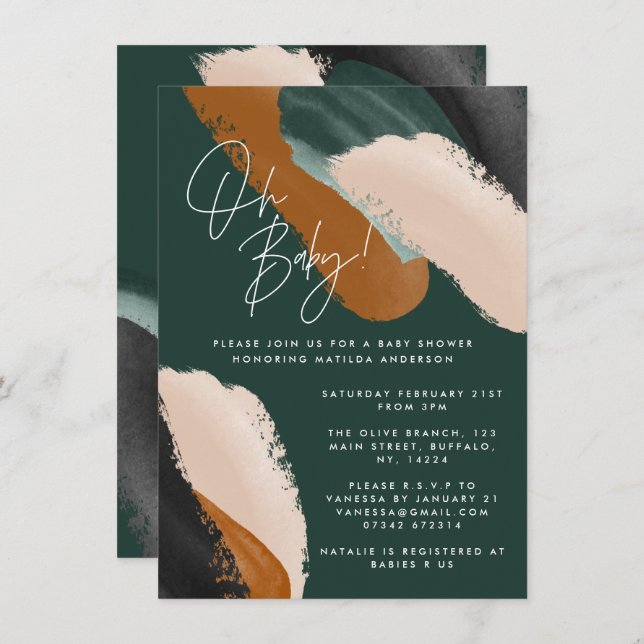 Green terracotta abstract watercolor baby shower invitation (Front/Back)