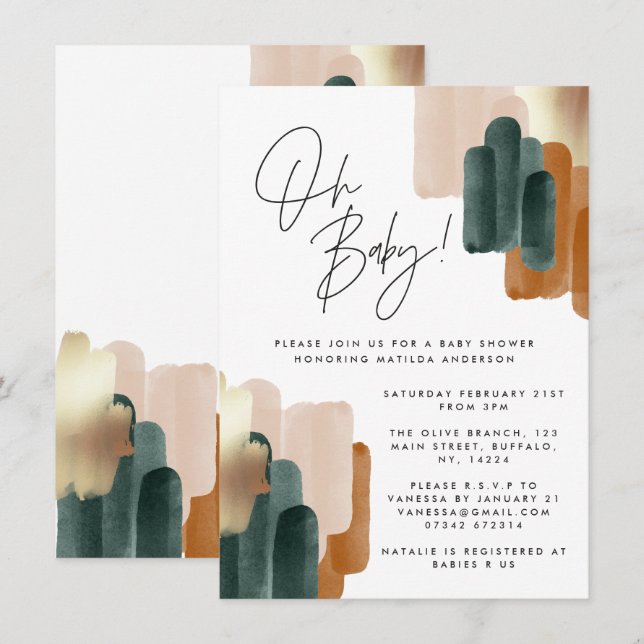 Green terracotta abstract watercolor baby shower invitation (Front/Back)