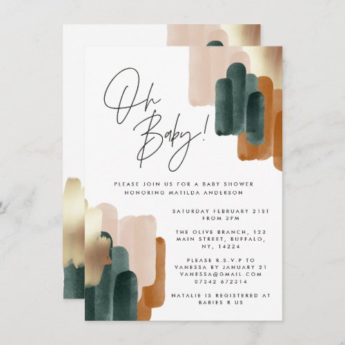 Green terracotta abstract watercolor baby shower invitation