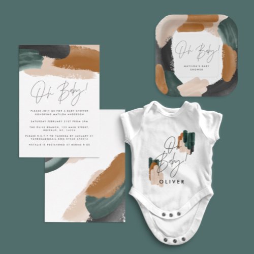 Green terracotta abstract watercolor baby shower invitation