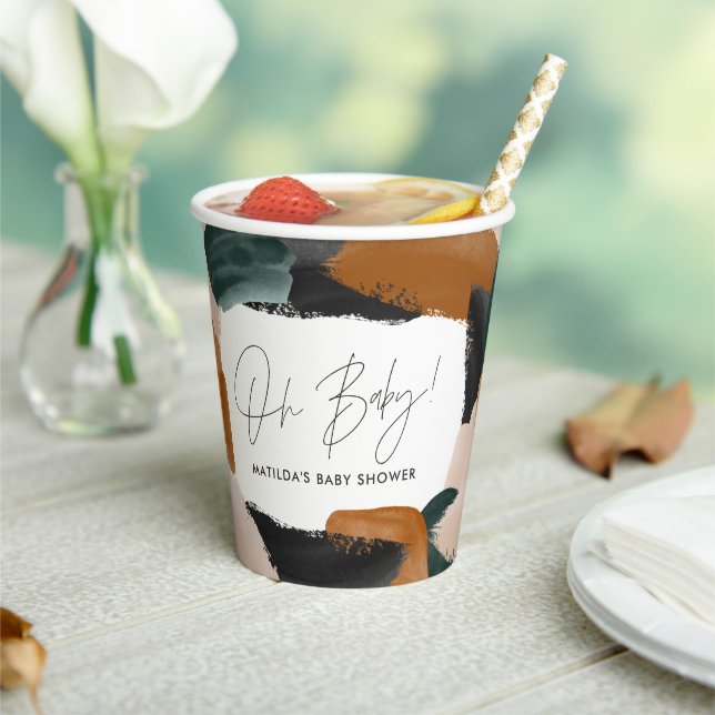 Green terracotta abstract watercolor baby shower paper cups (Insitu)