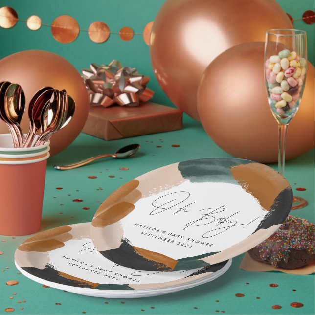 Green terracotta abstract watercolor baby shower paper plates (Multi)