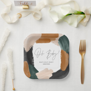 Green terracotta abstract watercolor baby shower paper plates