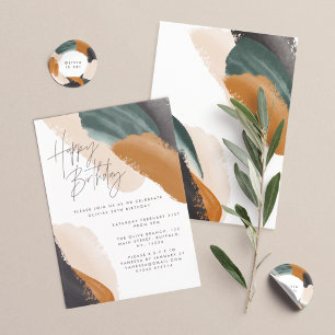 Green terracotta abstract watercolor Birthday Invitation