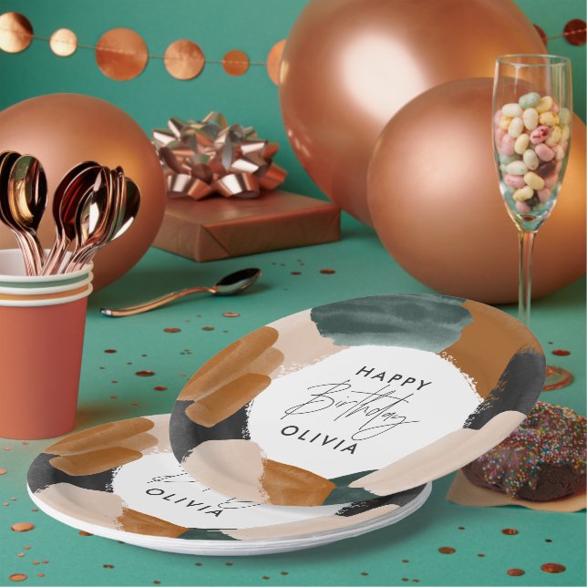 Green terracotta abstract watercolor birthday paper plates (Multi)