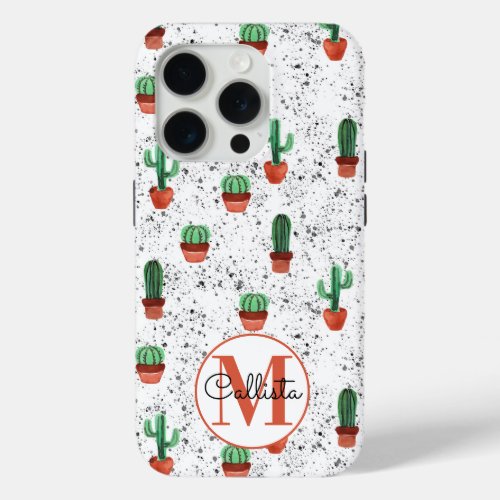 Green Terracotta Cactus Pots Splatter Monogram iPhone 15 Pro Case