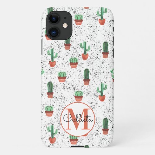 Green Terracotta Cactus Pots Splatter Monogram iPhone 11 Case