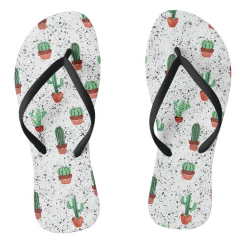 Green Terracotta Cactus Pots Splatter Pattern Flip Flops