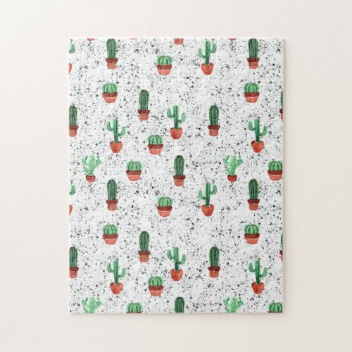 Green Terracotta Cactus Pots Splatter Pattern Jigsaw Puzzle