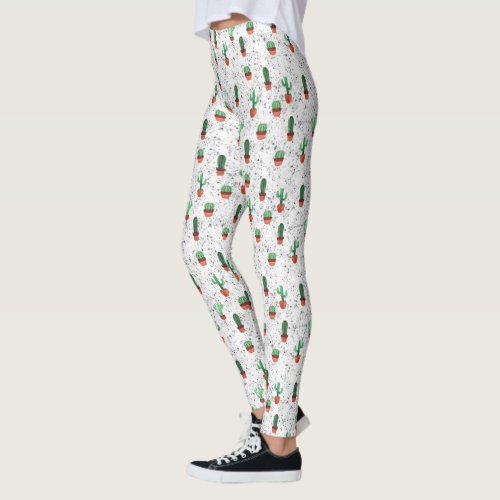 Green Terracotta Cactus Pots Splatter Pattern Leggings