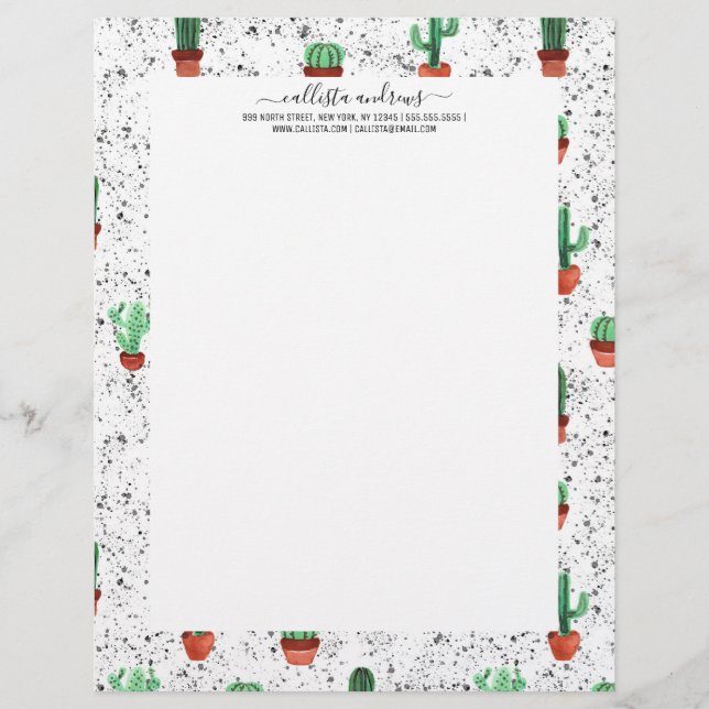 Green Terracotta Cactus Pots Splatter Pattern Letterhead (Front)