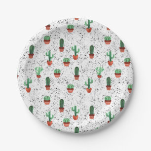 Green Terracotta Cactus Pots Splatter Pattern Paper Plates