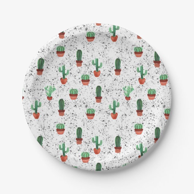 Green Terracotta Cactus Pots Splatter Pattern Paper Plates (Front)