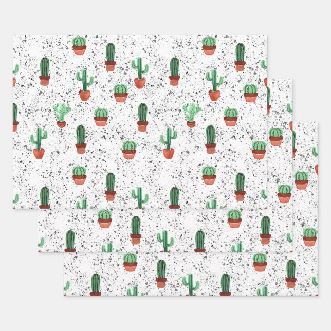 Green Terracotta Cactus Pots Splatter Pattern Wrapping Paper Sheets (Set)