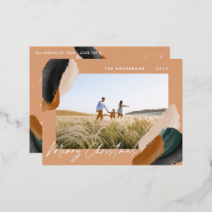 Green terracotta modern minimal watercolor photo foil holiday postcard