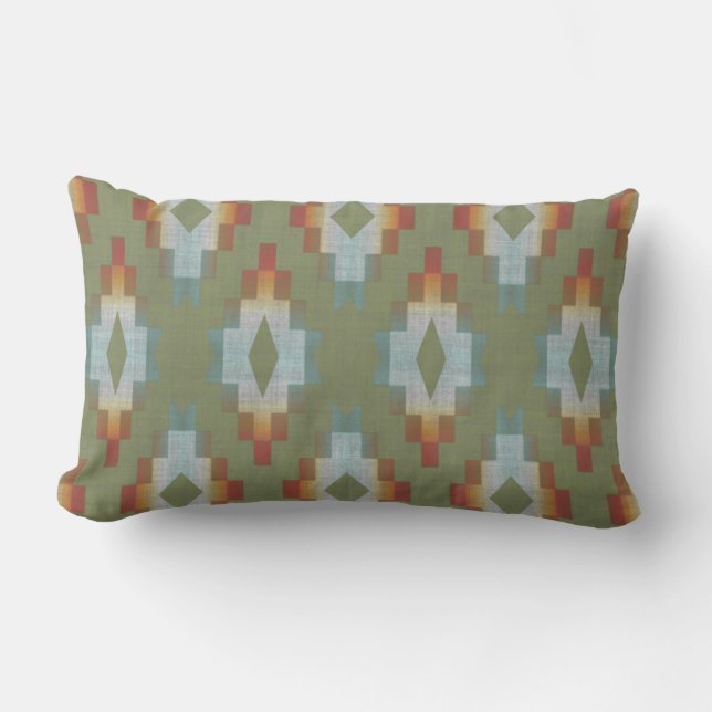 Green Terracotta Red Brown Blue Gray Tribal Art Lumbar Pillow (Front)