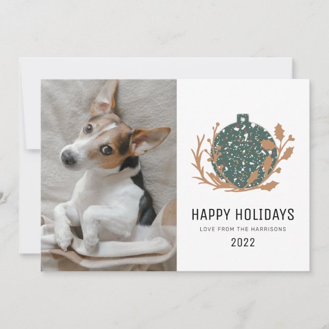 Green Terrazzo Bauble Happy Holiday Dog Photo 2022 (Front)