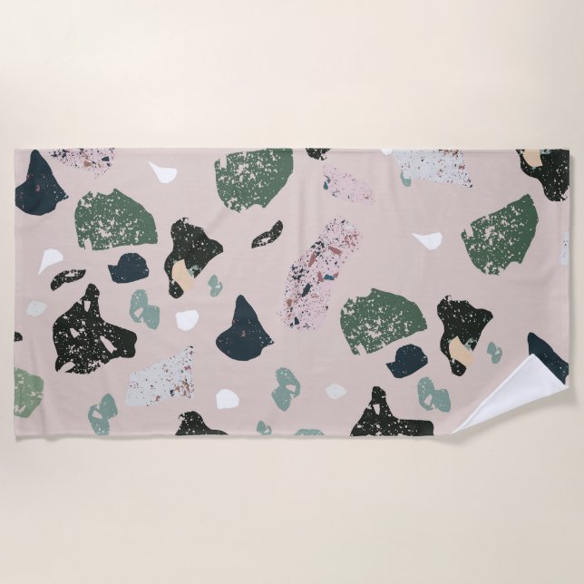 Green Terrazzo Pattern Beach Towel (Front)